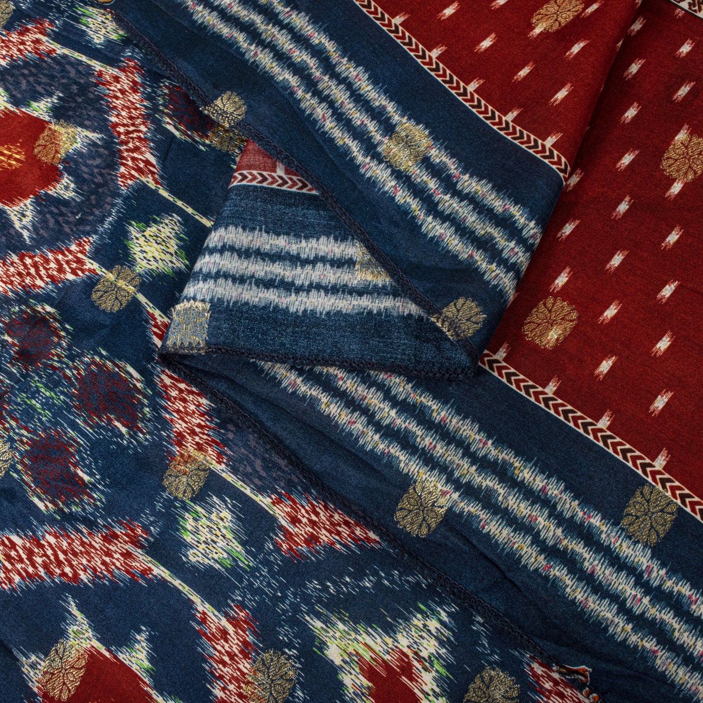 Sanskriti Vintage Dupatta/Stole Blue-Red Cotton Silk Ikat Print-Woven Soft Veil