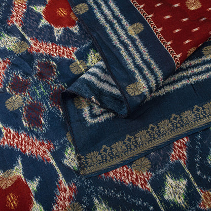Sanskriti Vintage Dupatta/Stole Blue-Red Cotton Silk Ikat Print-Woven Soft Veil