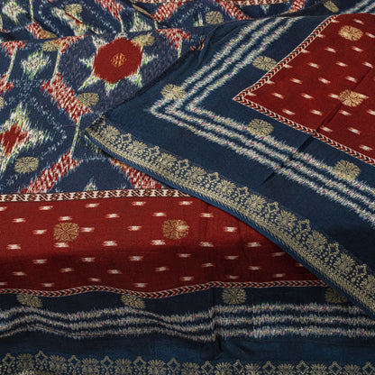 Sanskriti Vintage Dupatta/Stole Blue-Red Cotton Silk Ikat Print-Woven Soft Veil