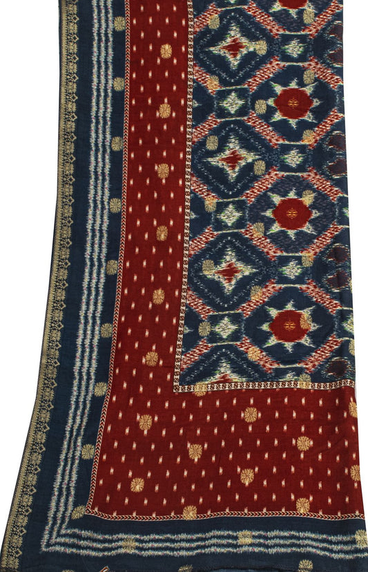Sanskriti Vintage Dupatta/Stole Blue-Red Cotton Silk Ikat Print-Woven Soft Veil