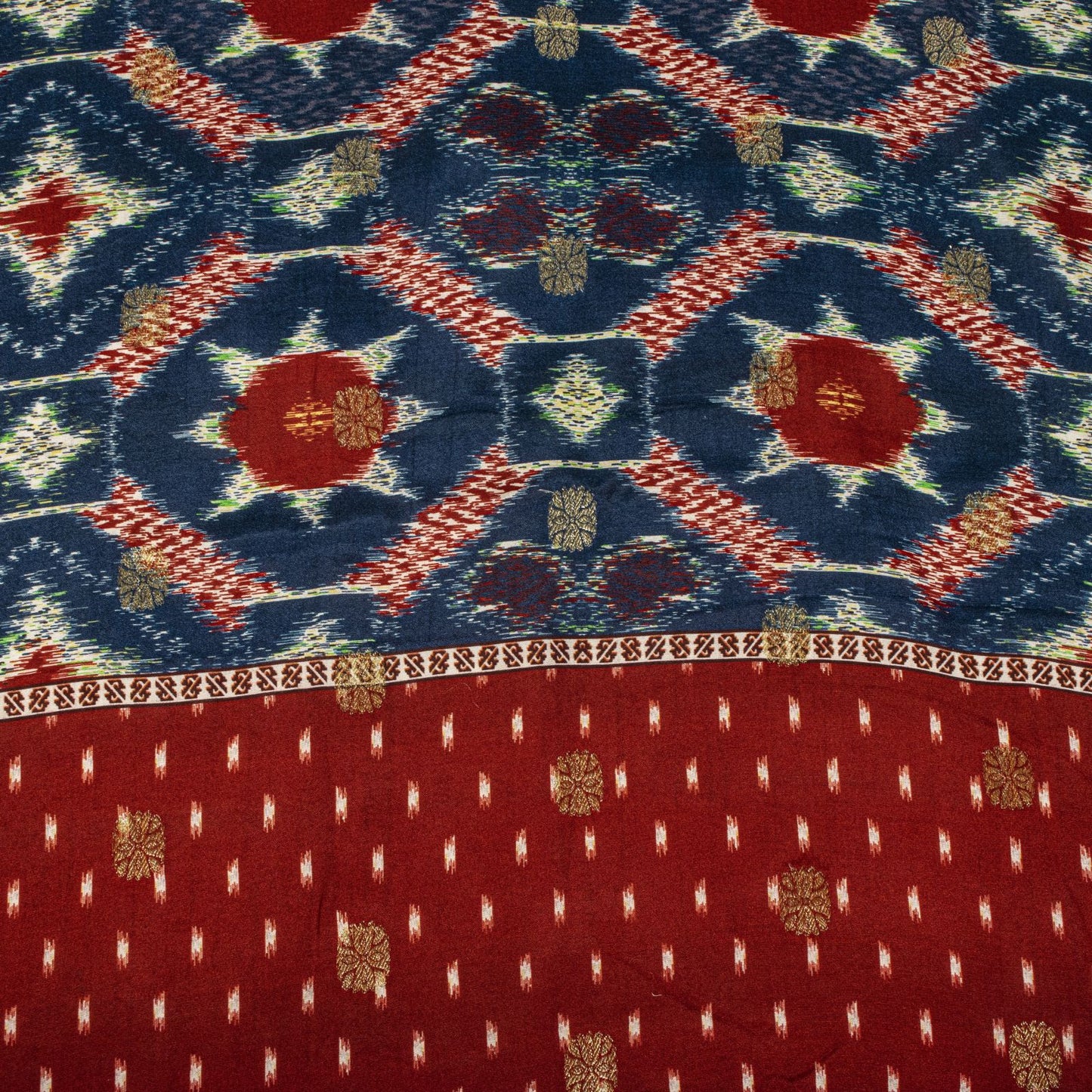 Sanskriti Vintage Dupatta/Stole Blue-Red Cotton Silk Ikat Print-Woven Soft Veil