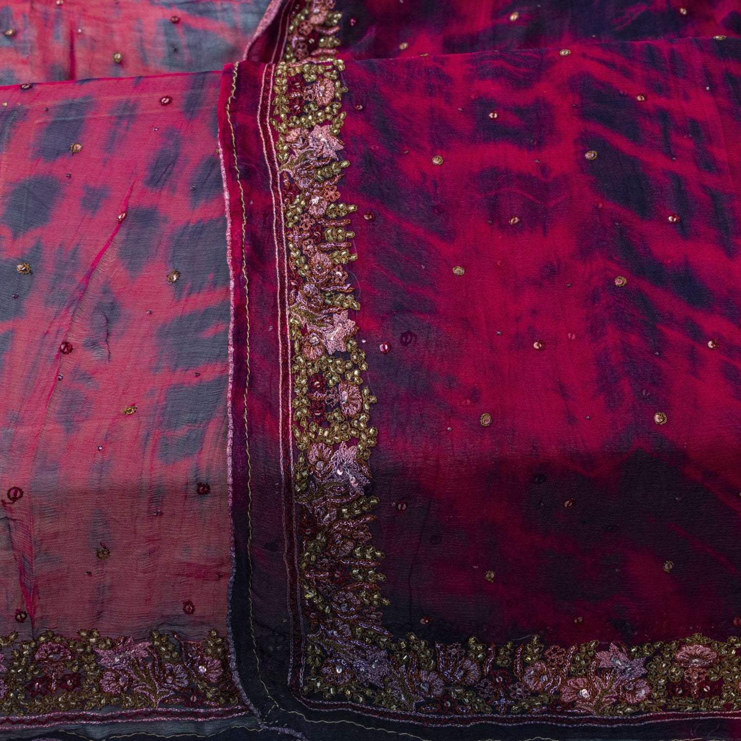 Sanskriti Vintage Dupatta/Stole Wine-Blue Pure Chiffon Tie-Dye Hand Beaded Veil