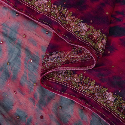 Sanskriti Vintage Dupatta/Stole Wine-Blue Pure Chiffon Tie-Dye Hand Beaded Veil