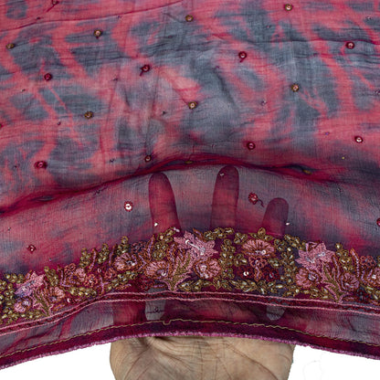 Sanskriti Vintage Dupatta/Stole Wine-Blue Pure Chiffon Tie-Dye Hand Beaded Veil