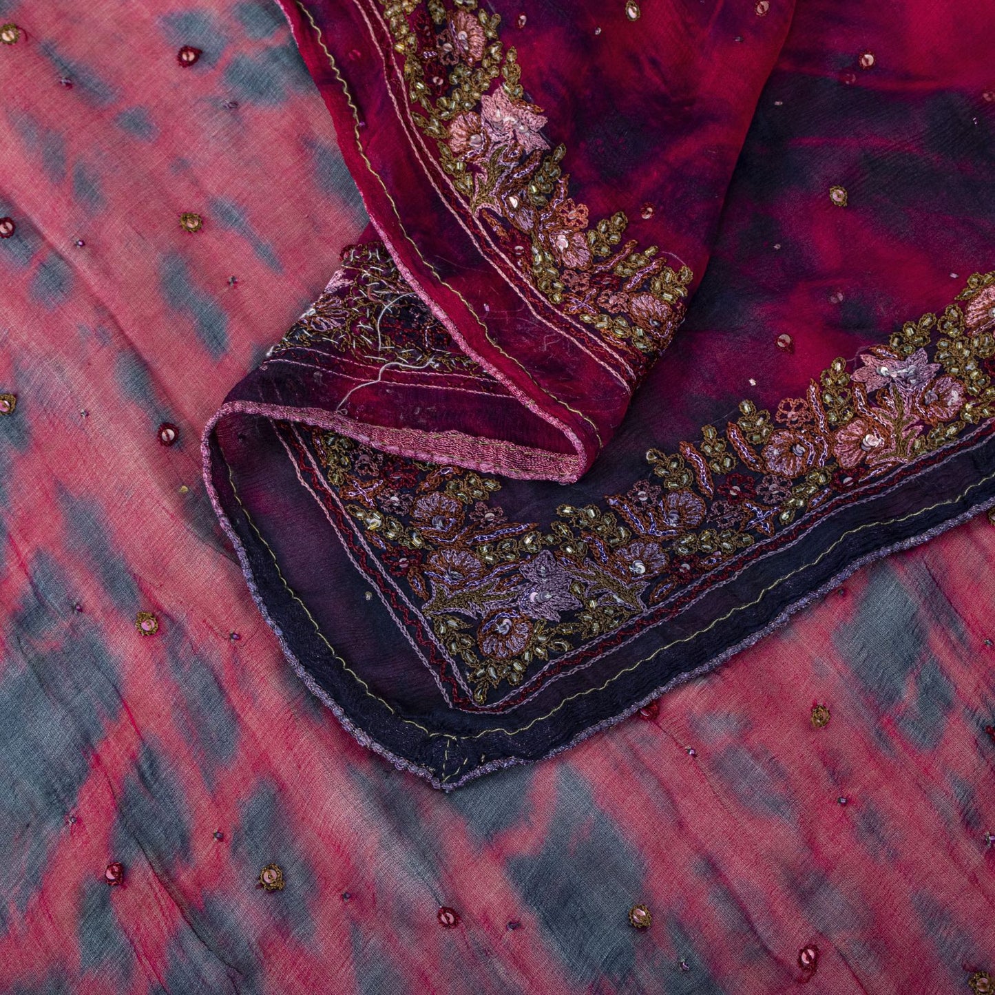 Sanskriti Vintage Dupatta/Stole Wine-Blue Pure Chiffon Tie-Dye Hand Beaded Veil