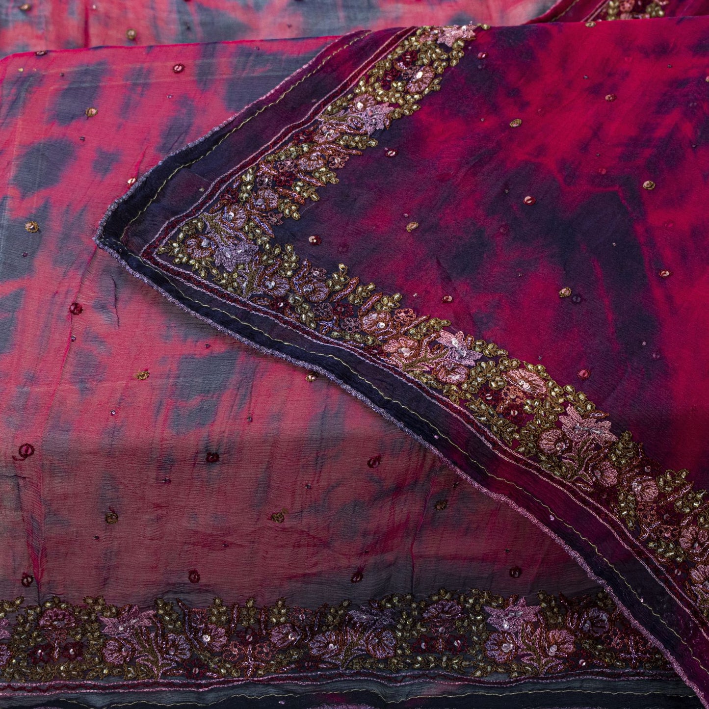 Sanskriti Vintage Dupatta/Stole Wine-Blue Pure Chiffon Tie-Dye Hand Beaded Veil