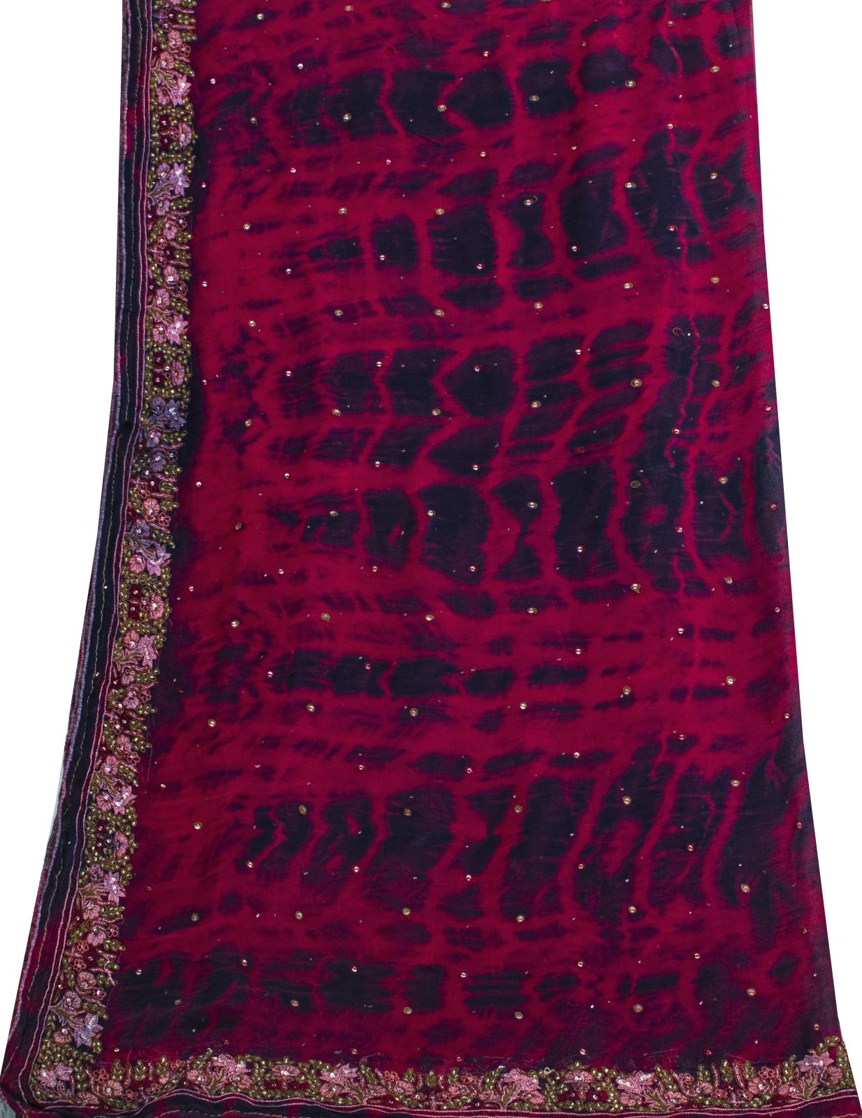 Sanskriti Vintage Dupatta/Stole Wine-Blue Pure Chiffon Tie-Dye Hand Beaded Veil