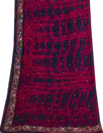 Sanskriti Vintage Dupatta/Stole Wine-Blue Pure Chiffon Tie-Dye Hand Beaded Veil