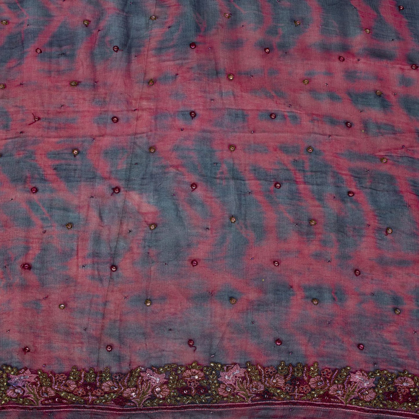 Sanskriti Vintage Dupatta/Stole Wine-Blue Pure Chiffon Tie-Dye Hand Beaded Veil