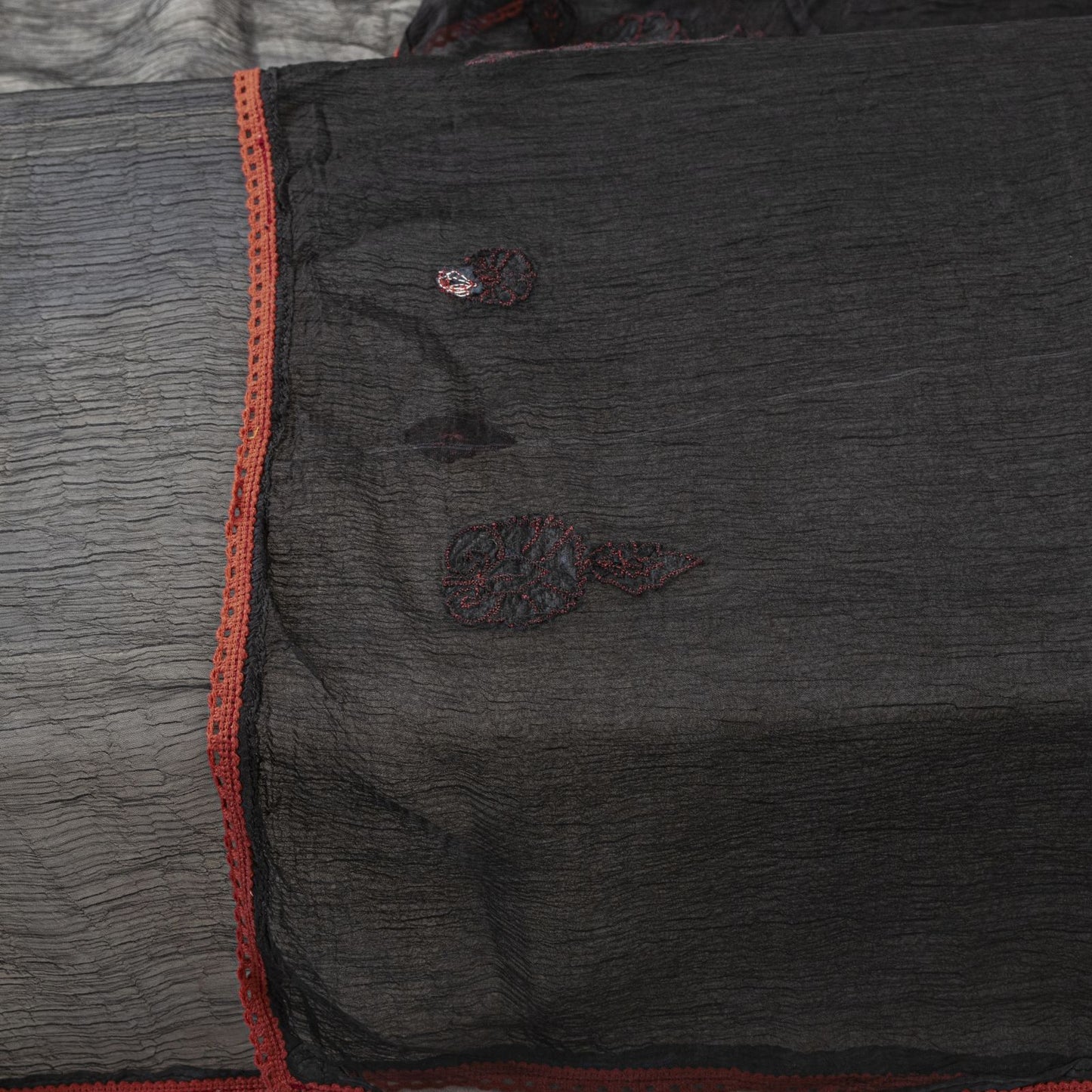 Sanskriti Vintage Dupatta/Stole Black Pure Chiffon Embroidered Patch Indian Veil