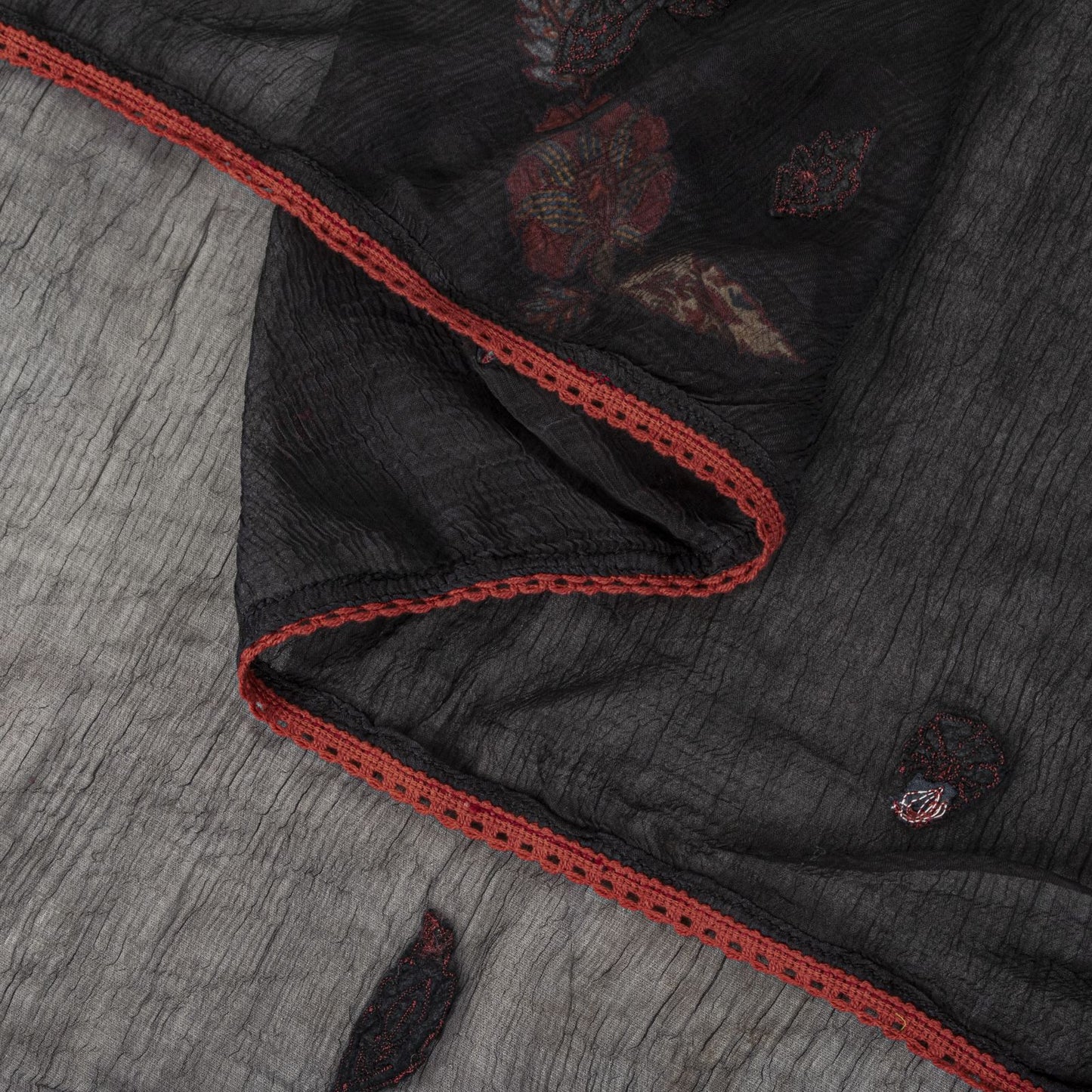 Sanskriti Vintage Dupatta/Stole Black Pure Chiffon Embroidered Patch Indian Veil