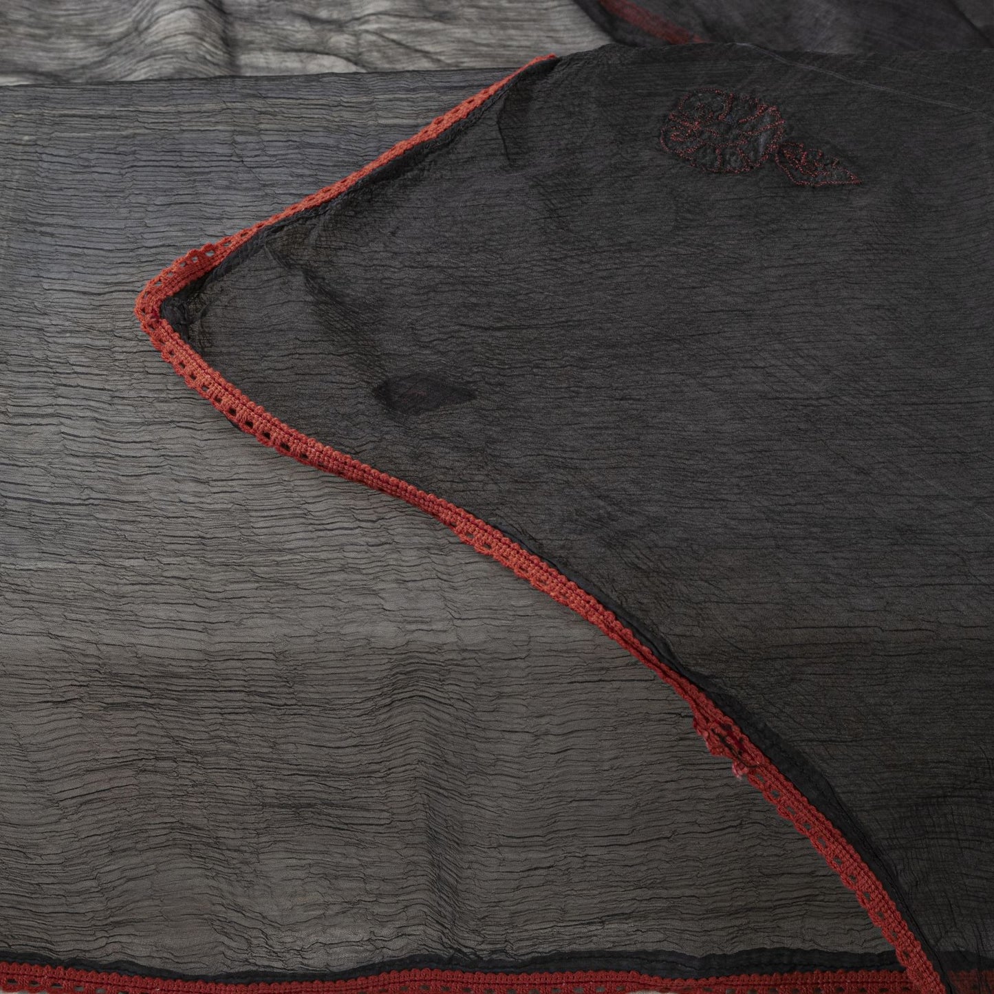 Sanskriti Vintage Dupatta/Stole Black Pure Chiffon Embroidered Patch Indian Veil