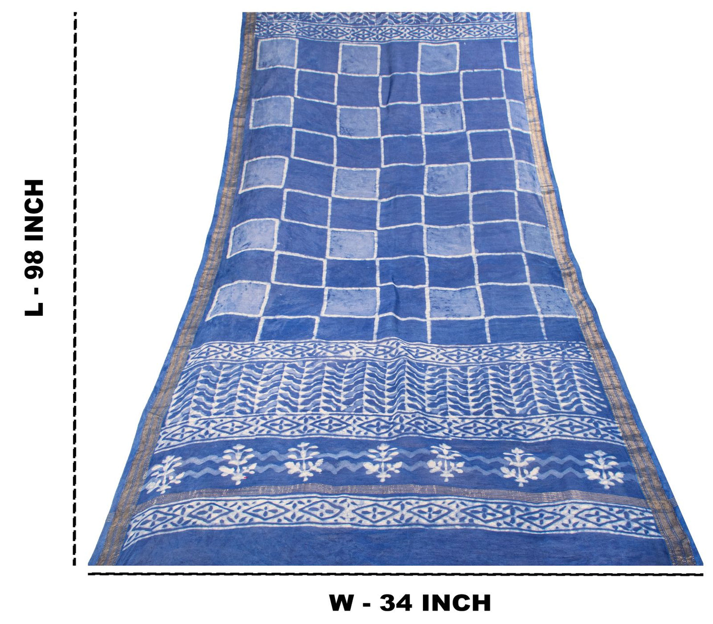 Sanskriti Vintage Dupatta/Stole Blue Cotton Silk Batik Work Chanderi Zari Veil