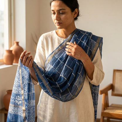 Sanskriti Vintage Dupatta/Stole Blue Cotton Silk Batik Work Chanderi Zari Veil