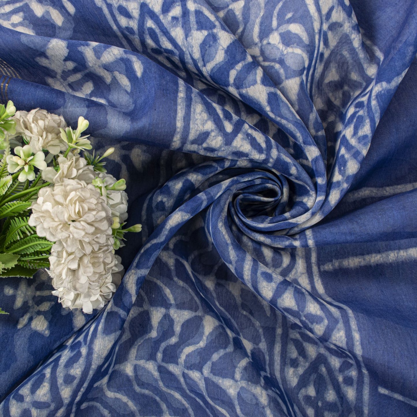 Sanskriti Vintage Dupatta/Stole Blue Cotton Silk Batik Work Chanderi Zari Veil