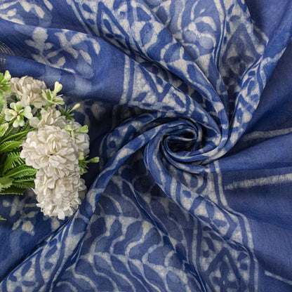Sanskriti Vintage Dupatta/Stole Blue Cotton Silk Batik Work Chanderi Zari Veil