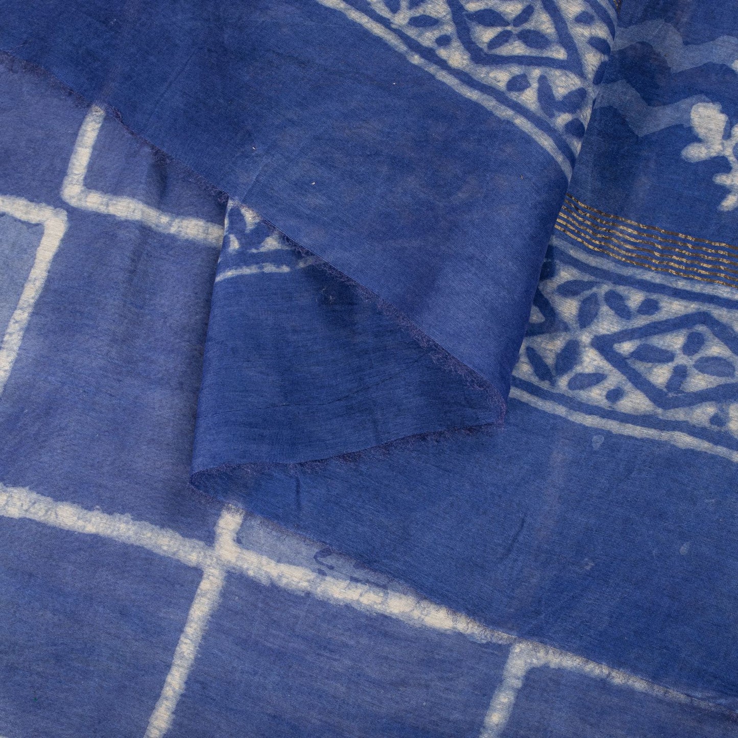 Sanskriti Vintage Dupatta/Stole Blue Cotton Silk Batik Work Chanderi Zari Veil