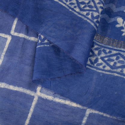 Sanskriti Vintage Dupatta/Stole Blue Cotton Silk Batik Work Chanderi Zari Veil