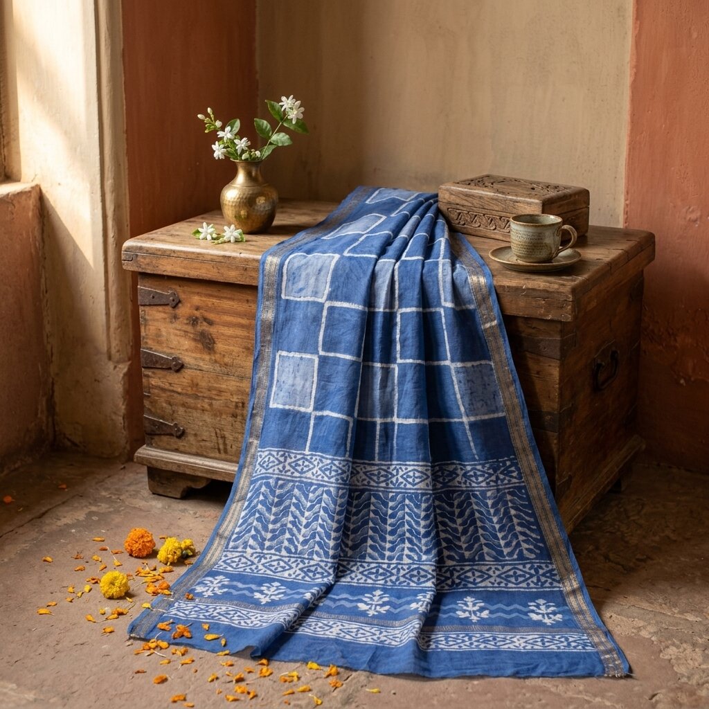 Sanskriti Vintage Dupatta/Stole Blue Cotton Silk Batik Work Chanderi Zari Veil