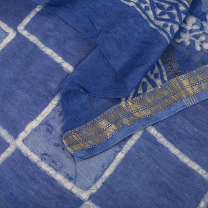 Sanskriti Vintage Dupatta/Stole Blue Cotton Silk Batik Work Chanderi Zari Veil