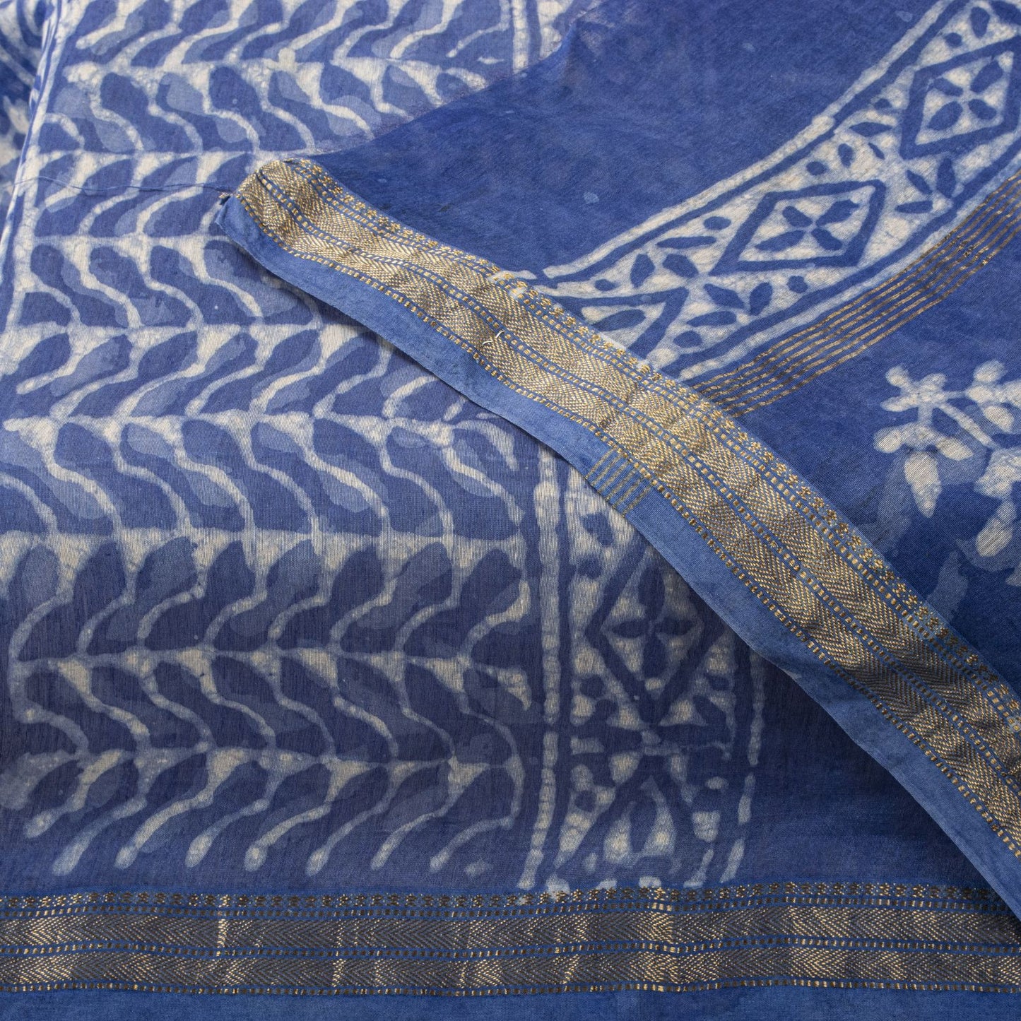 Sanskriti Vintage Dupatta/Stole Blue Cotton Silk Batik Work Chanderi Zari Veil