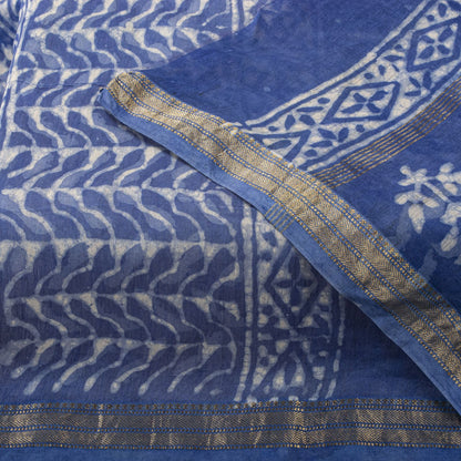 Sanskriti Vintage Dupatta/Stole Blue Cotton Silk Batik Work Chanderi Zari Veil