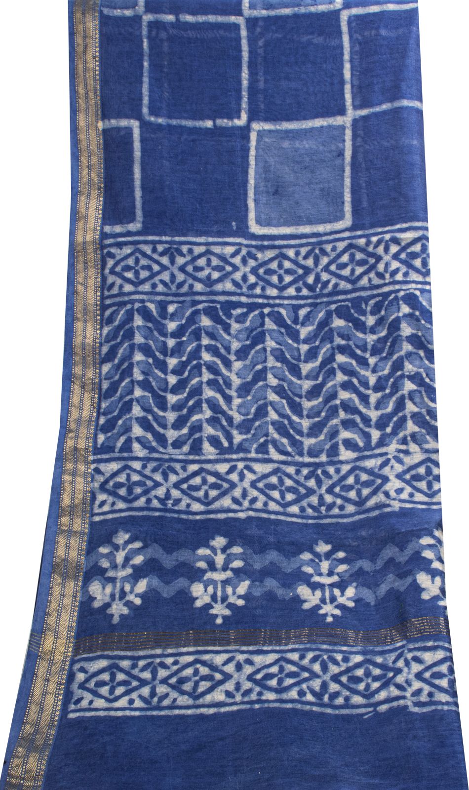 Sanskriti Vintage Dupatta/Stole Blue Cotton Silk Batik Work Chanderi Zari Veil