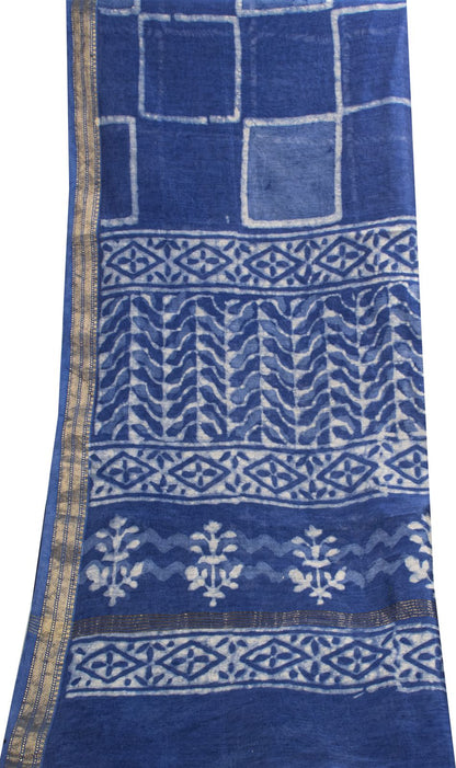 Sanskriti Vintage Dupatta/Stole Blue Cotton Silk Batik Work Chanderi Zari Veil