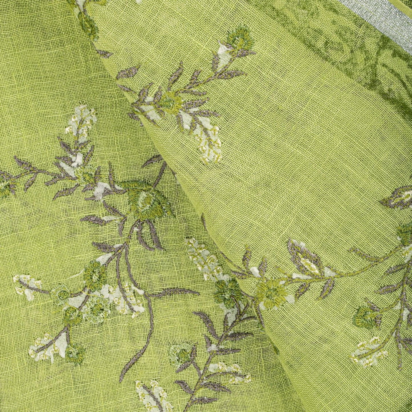 Sanskriti Vintage Dupatta/Stole Green Pure Cotton Embroidered-Hand-Woven Fabric
