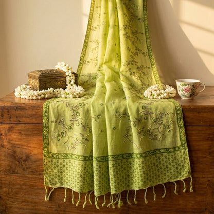 Sanskriti Vintage Dupatta/Stole Green Pure Cotton Embroidered-Hand-Woven Fabric