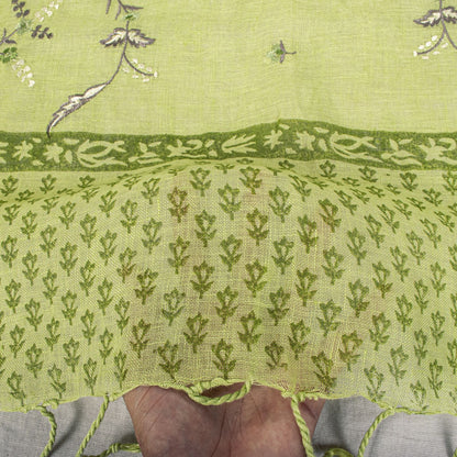 Sanskriti Vintage Dupatta/Stole Green Pure Cotton Embroidered-Hand-Woven Fabric