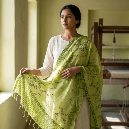 Sanskriti Vintage Dupatta/Stole Green Pure Cotton Embroidered-Hand-Woven Fabric
