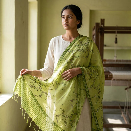 Sanskriti Vintage Dupatta/Stole Green Pure Cotton Embroidered-Hand-Woven Fabric