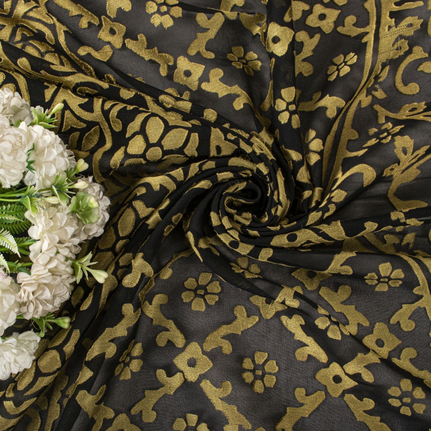 Sanskriti Vintage Dupatta/Stole Black Georgette Brocade Woven Floral Indian Veil