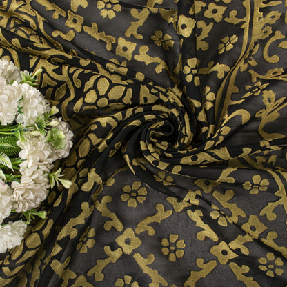 Sanskriti Vintage Dupatta/Stole Black Georgette Brocade Woven Floral Indian Veil
