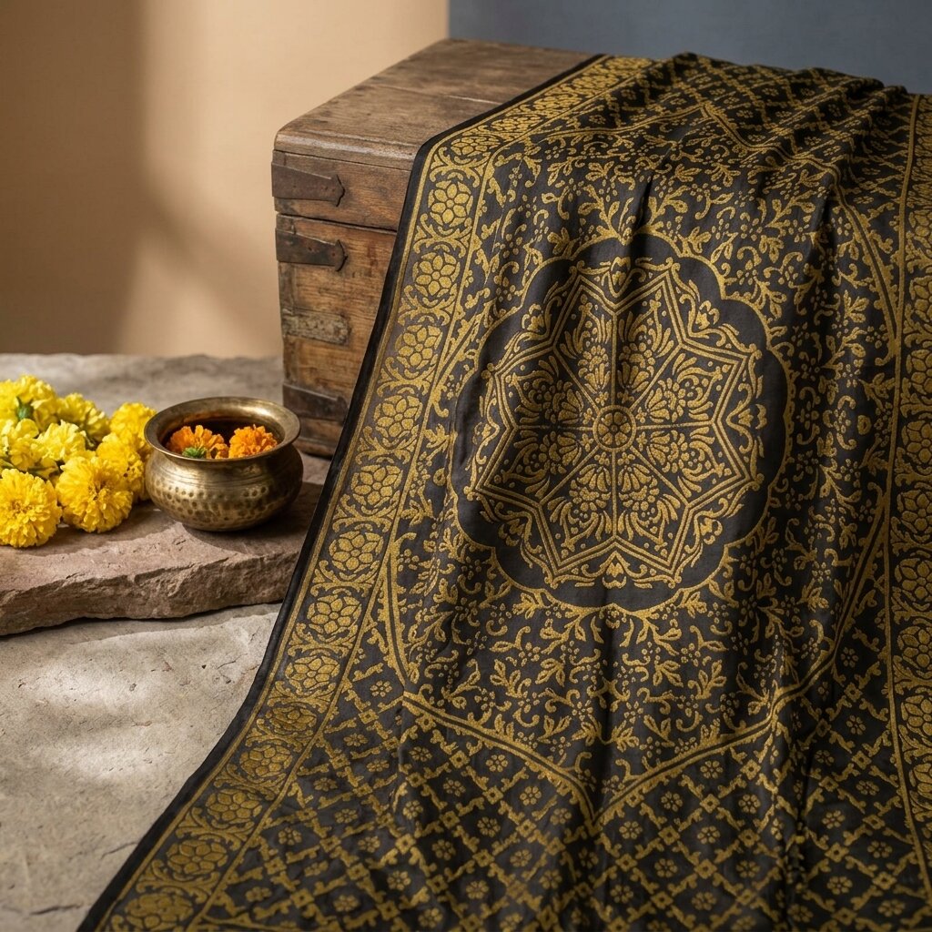 Sanskriti Vintage Dupatta/Stole Black Georgette Brocade Woven Floral Indian Veil
