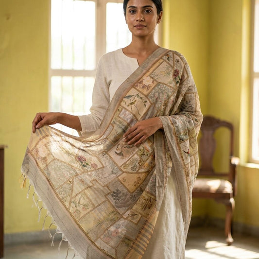 Sanskriti Vintage Dupatta/Stole Multicolor Pure Cotton Silk Digital Printed Veil