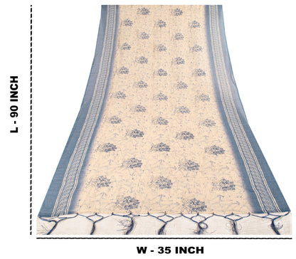 Sanskriti Vintage Dupatta/Stole Off-White-Blue Cotton Batik-Embroidered Veil