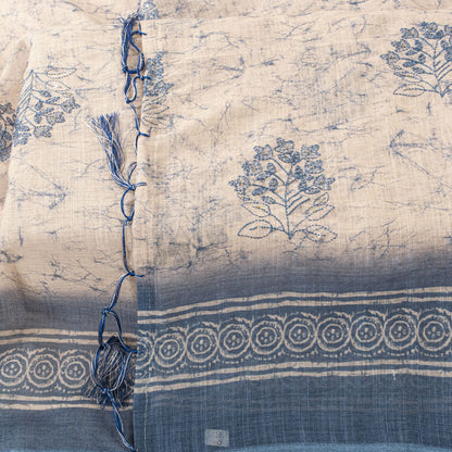 Sanskriti Vintage Dupatta/Stole Off-White-Blue Cotton Batik-Embroidered Veil