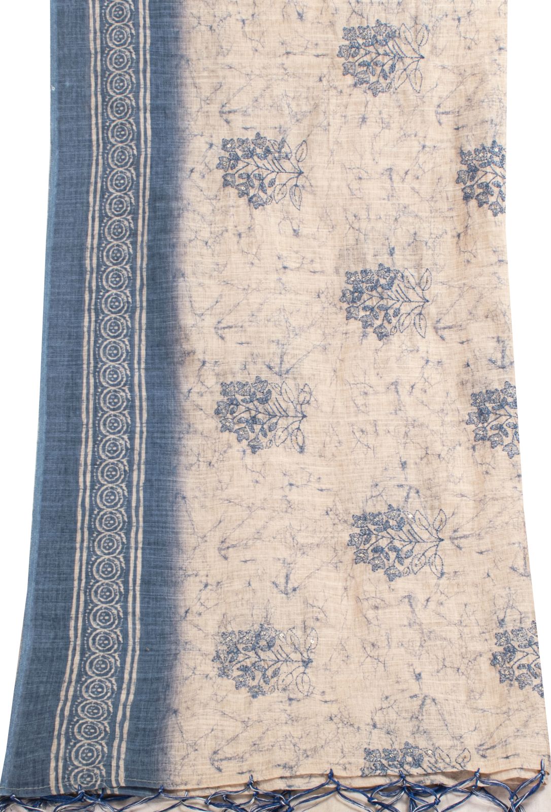 Sanskriti Vintage Dupatta/Stole Off-White-Blue Cotton Batik-Embroidered Veil