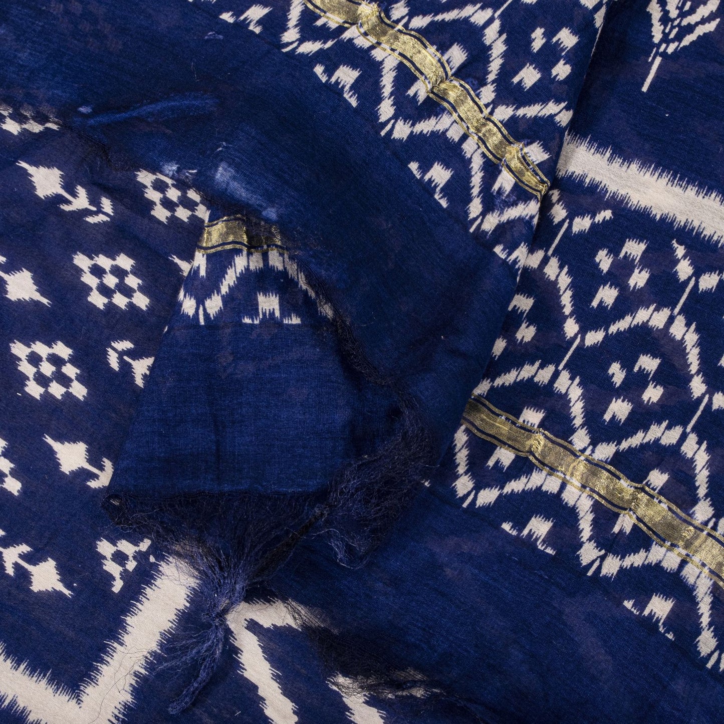 Sanskriti Vintage Dupatta/Stole Blue Cotton Silk Chanderi Ikat Print-Zari Woven