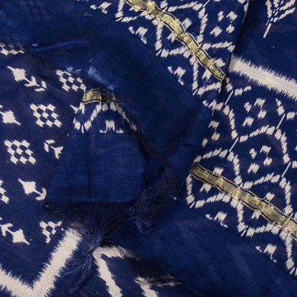 Sanskriti Vintage Dupatta/Stole Blue Cotton Silk Chanderi Ikat Print-Zari Woven
