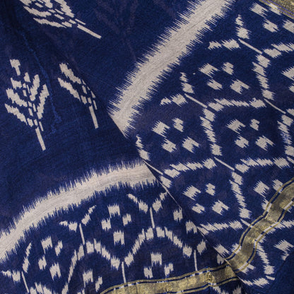 Sanskriti Vintage Dupatta/Stole Blue Cotton Silk Chanderi Ikat Print-Zari Woven