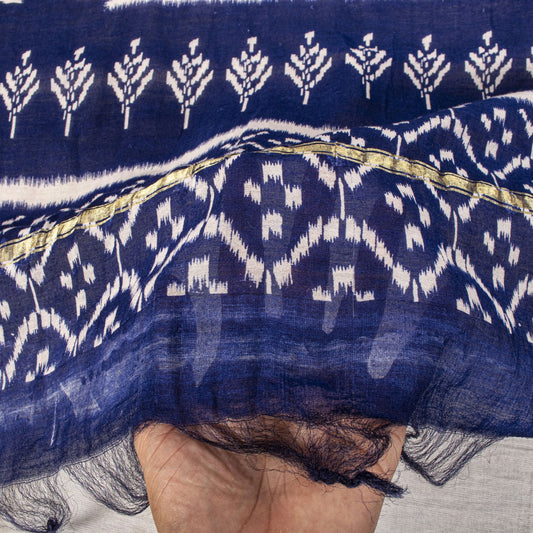 Sanskriti Vintage Dupatta/Stole Blue Cotton Silk Chanderi Ikat Print-Zari Woven