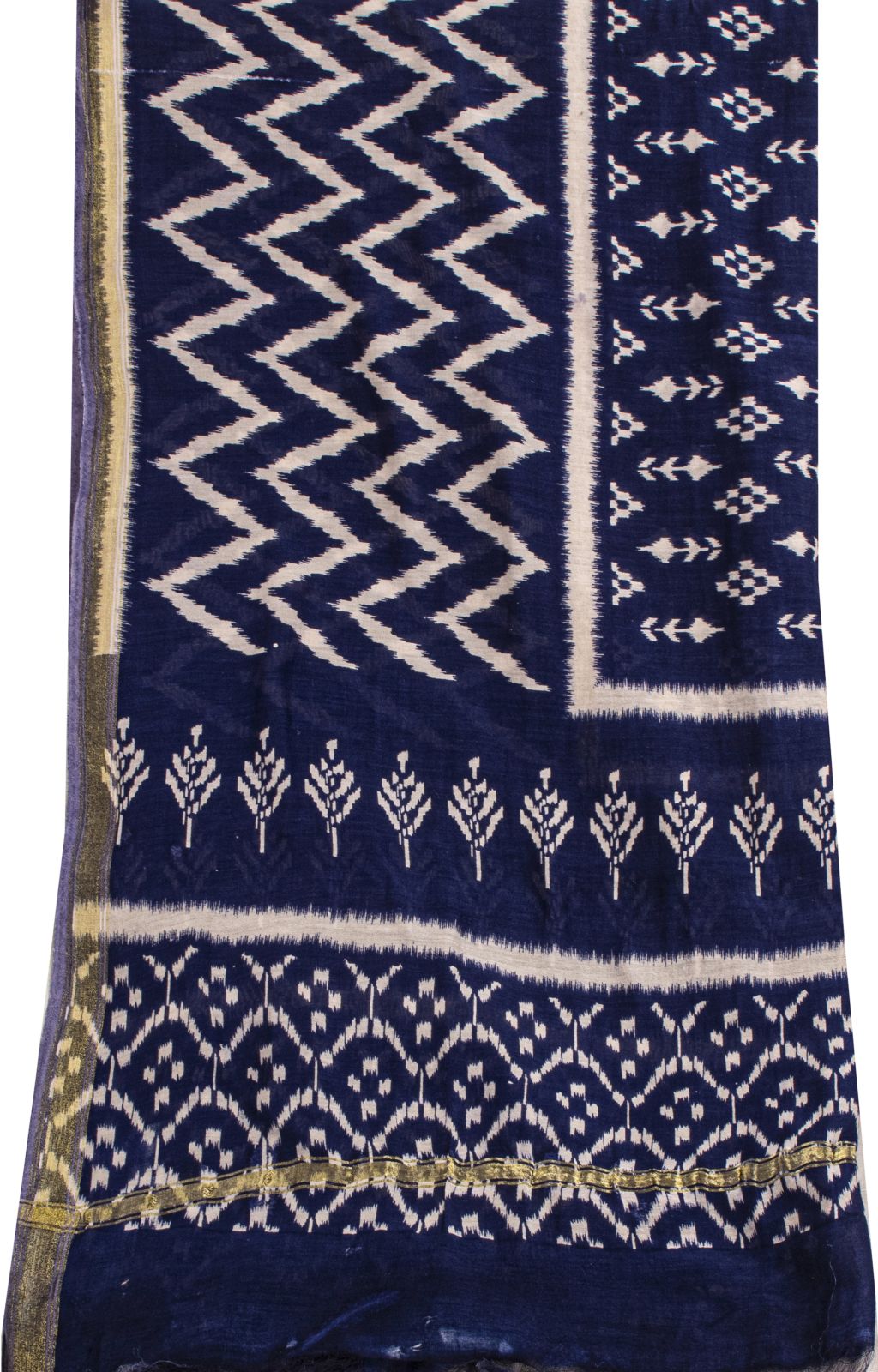 Sanskriti Vintage Dupatta/Stole Blue Cotton Silk Chanderi Ikat Print-Zari Woven