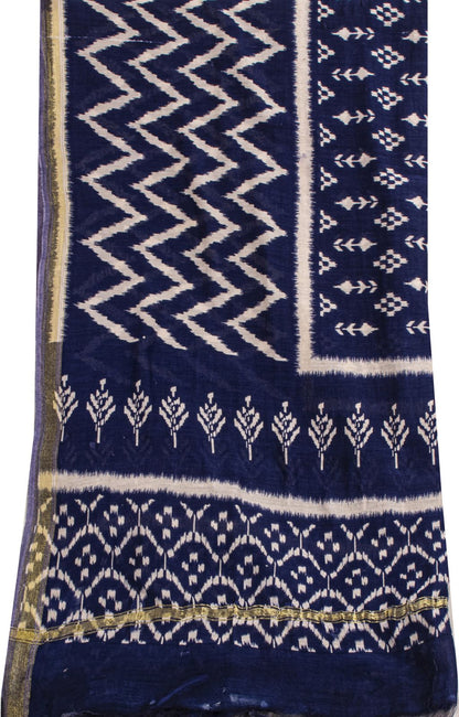 Sanskriti Vintage Dupatta/Stole Blue Cotton Silk Chanderi Ikat Print-Zari Woven