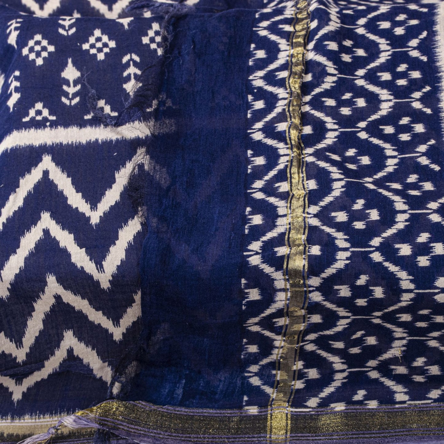 Sanskriti Vintage Dupatta/Stole Blue Cotton Silk Chanderi Ikat Print-Zari Woven