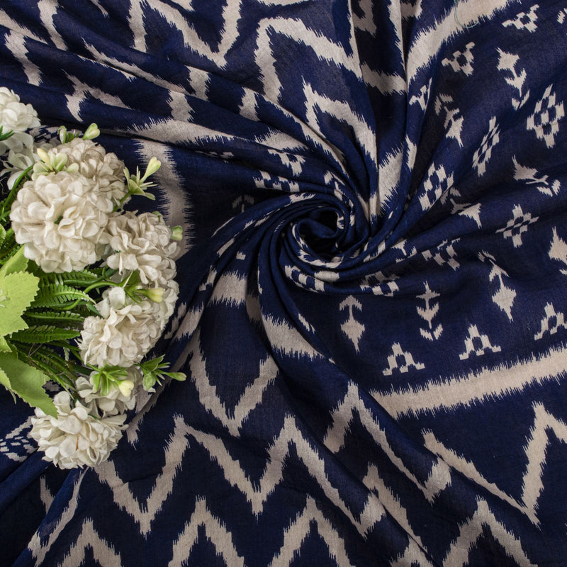 Sanskriti Vintage Dupatta/Stole Blue Cotton Silk Chanderi Ikat Print-Zari Woven