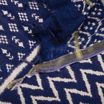 Sanskriti Vintage Dupatta/Stole Blue Cotton Silk Chanderi Ikat Print-Zari Woven
