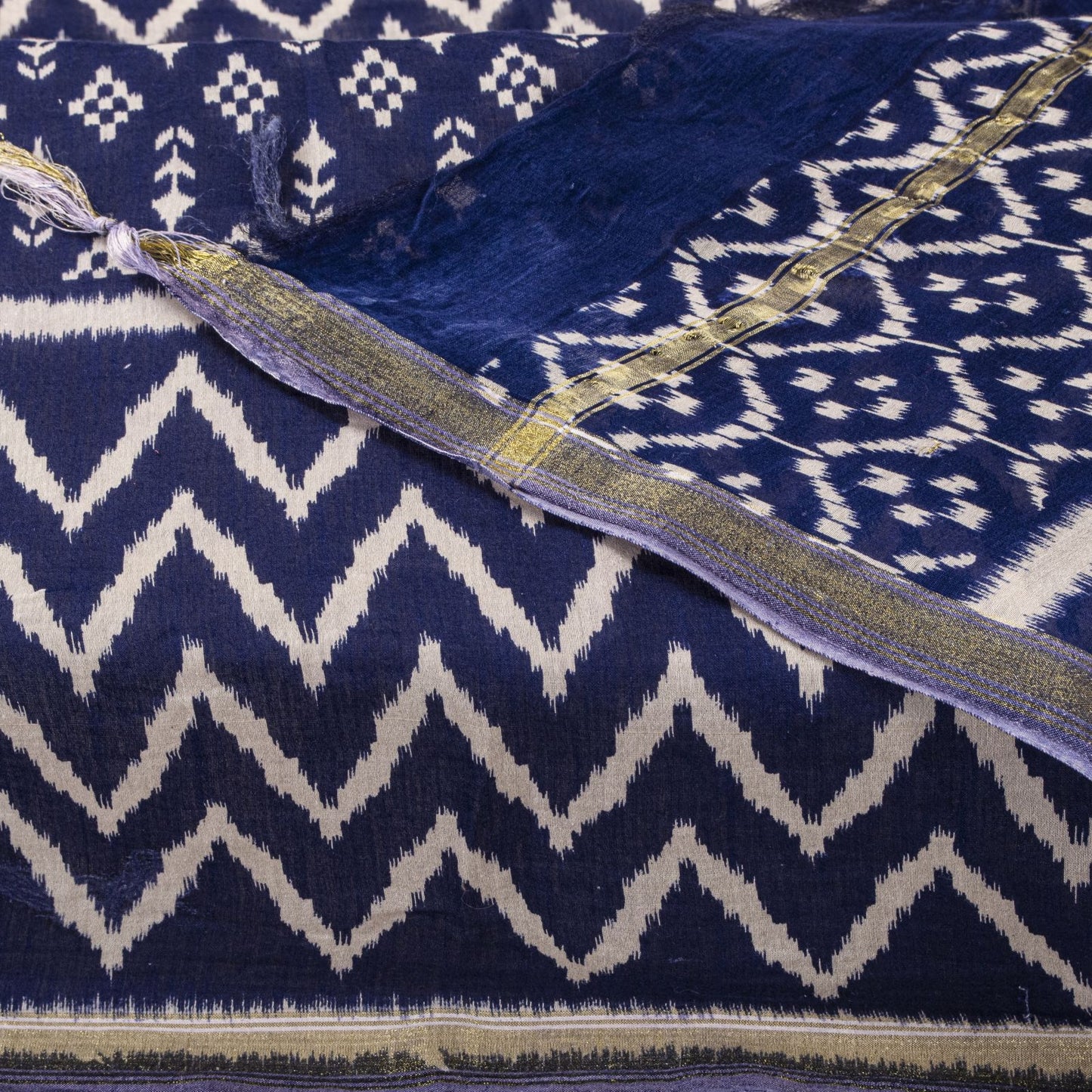Sanskriti Vintage Dupatta/Stole Blue Cotton Silk Chanderi Ikat Print-Zari Woven
